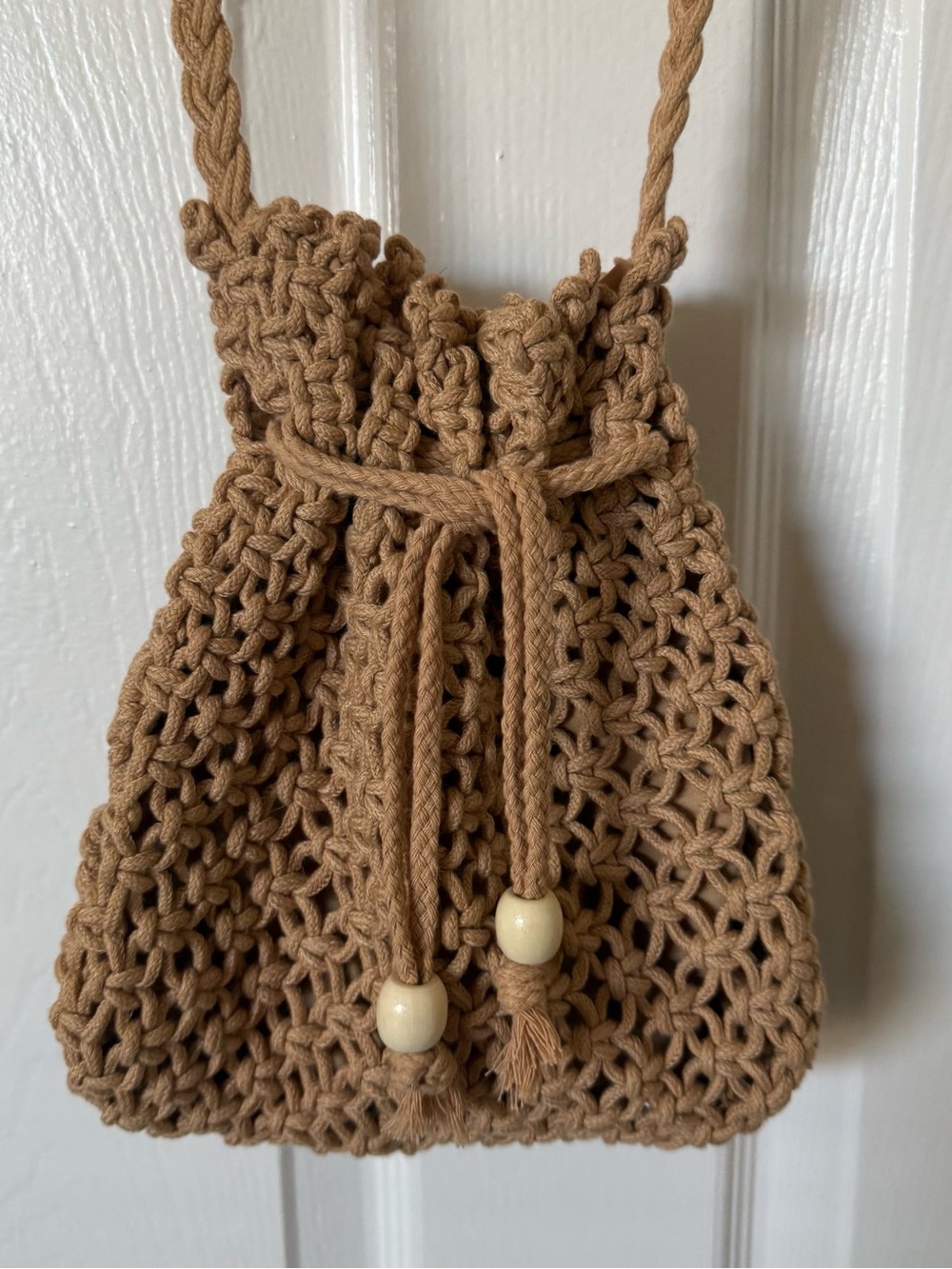 Handwoven Tan Crochet Drawstring Crossbody Bag - Picture 2 of 3